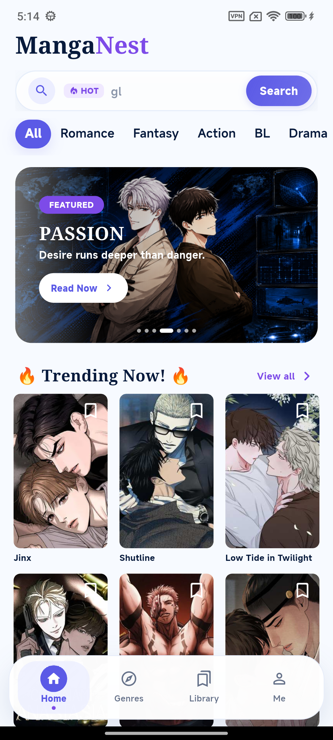 MangaNest home screen